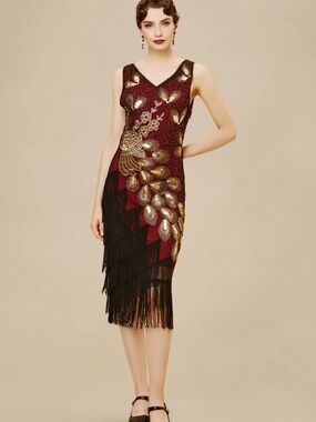 Babeyond Gatsby Style Embroidered Tassel Hem Flapper Beaded Sequins Size L